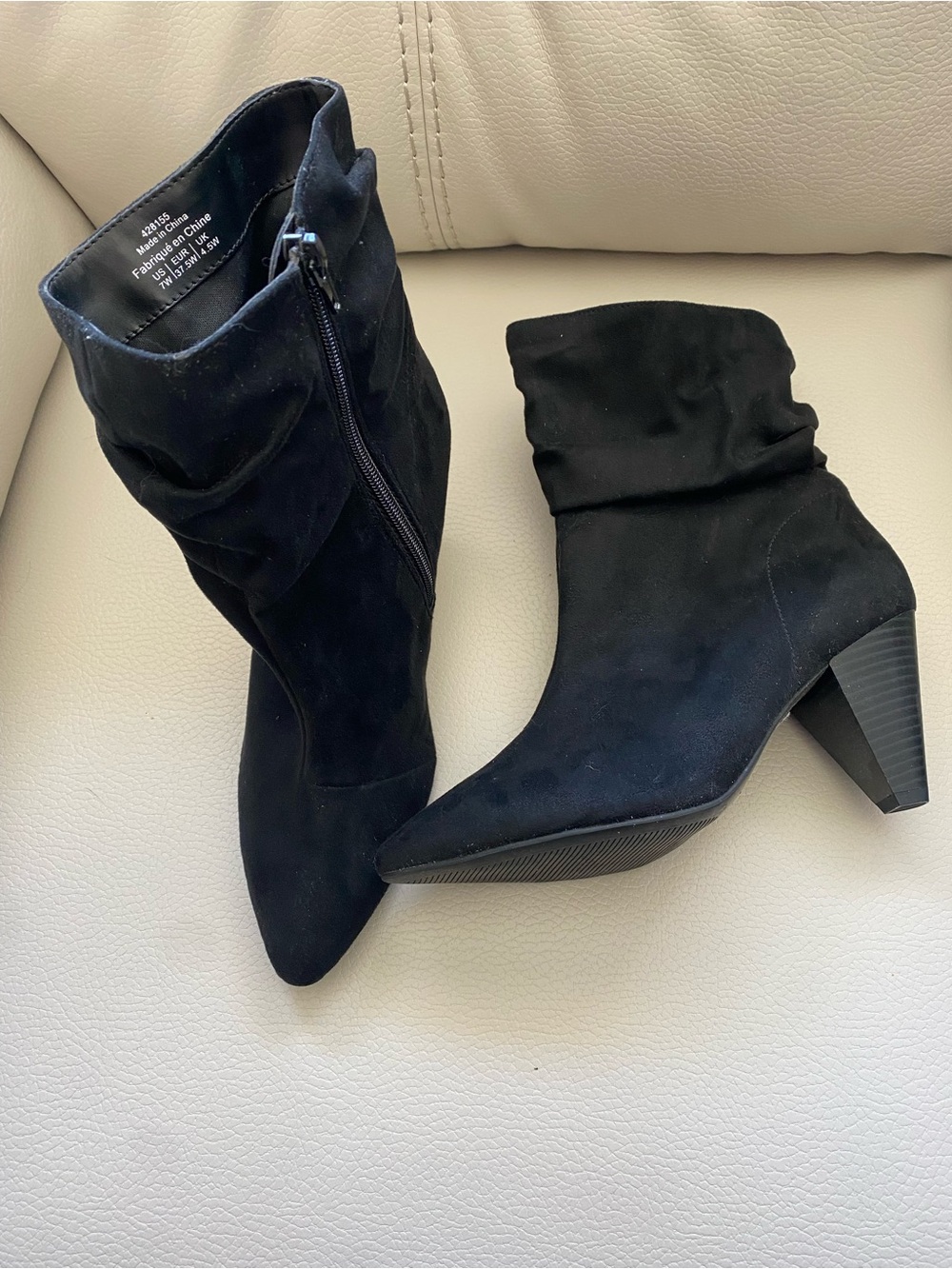 Black Suede Slouch Ankle Boots - Women's Fashion Heel